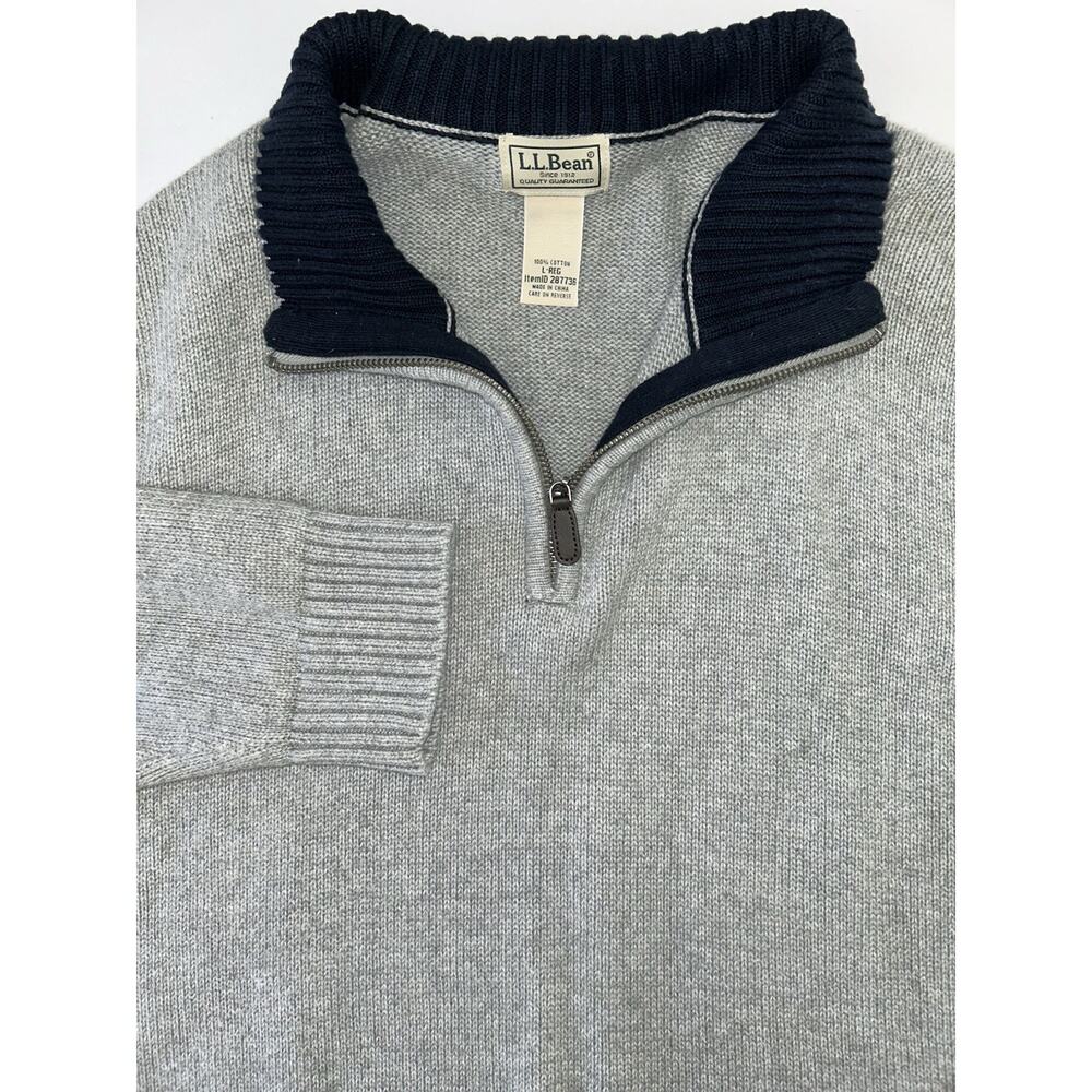 LL Bean 1/4 Zip Navy Gray 100% Cotton Cable Knit Sweater 287736 Size Large